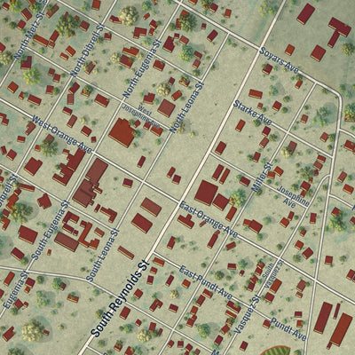 Close-up of the map of Orange Grove, Texas print showing street and building detail