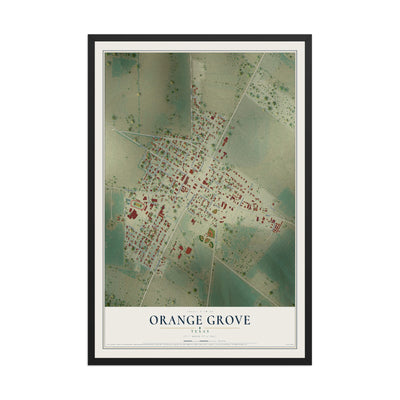 Map of Orange Grove, Texas, 12 x 18 inch print in a black wood frame
