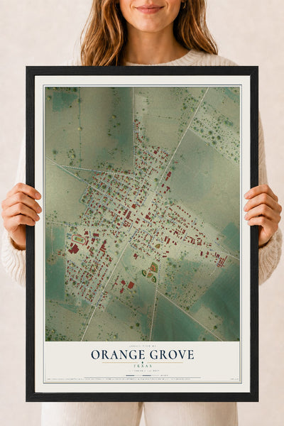 Map of Orange Grove, Texas, 18 x 24 inch print in a black wood frame