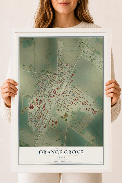Map of Orange Grove, Texas, 18 x 24 inch print in a white wood frame