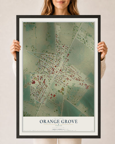 Map of Orange Grove, Texas, 24 x 36 inch print in a black wood frame