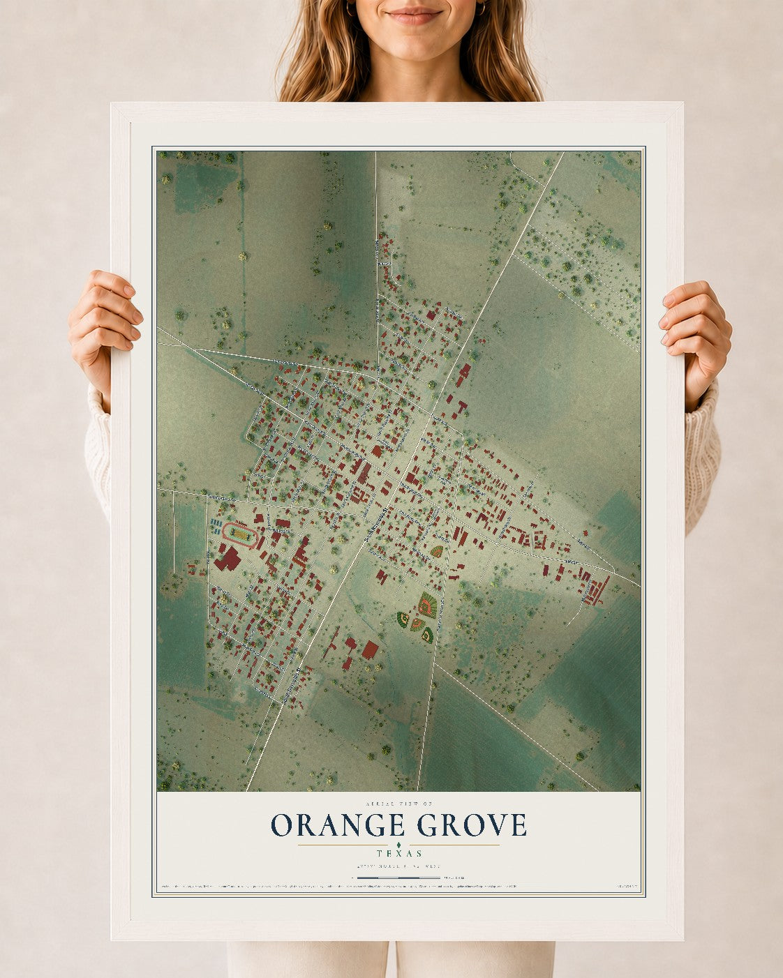Map of Orange Grove, Texas, 24 x 36 inch print in a white wood frame
