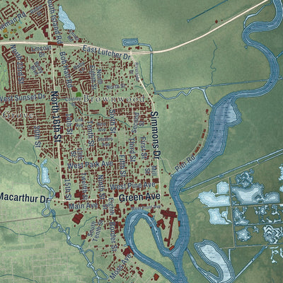 Close-up of the map of Orange, Texas print showing street and building detail