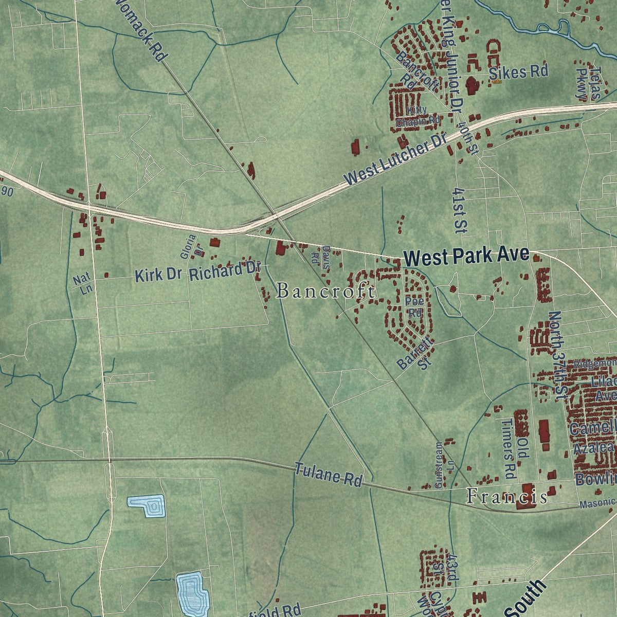 Second close-up of the map of Orange, Texas print showing more streets and buildings