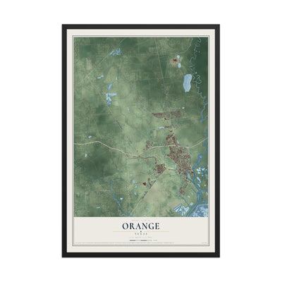 Map of Orange, Texas, 12 x 18 inch print in a black wood frame