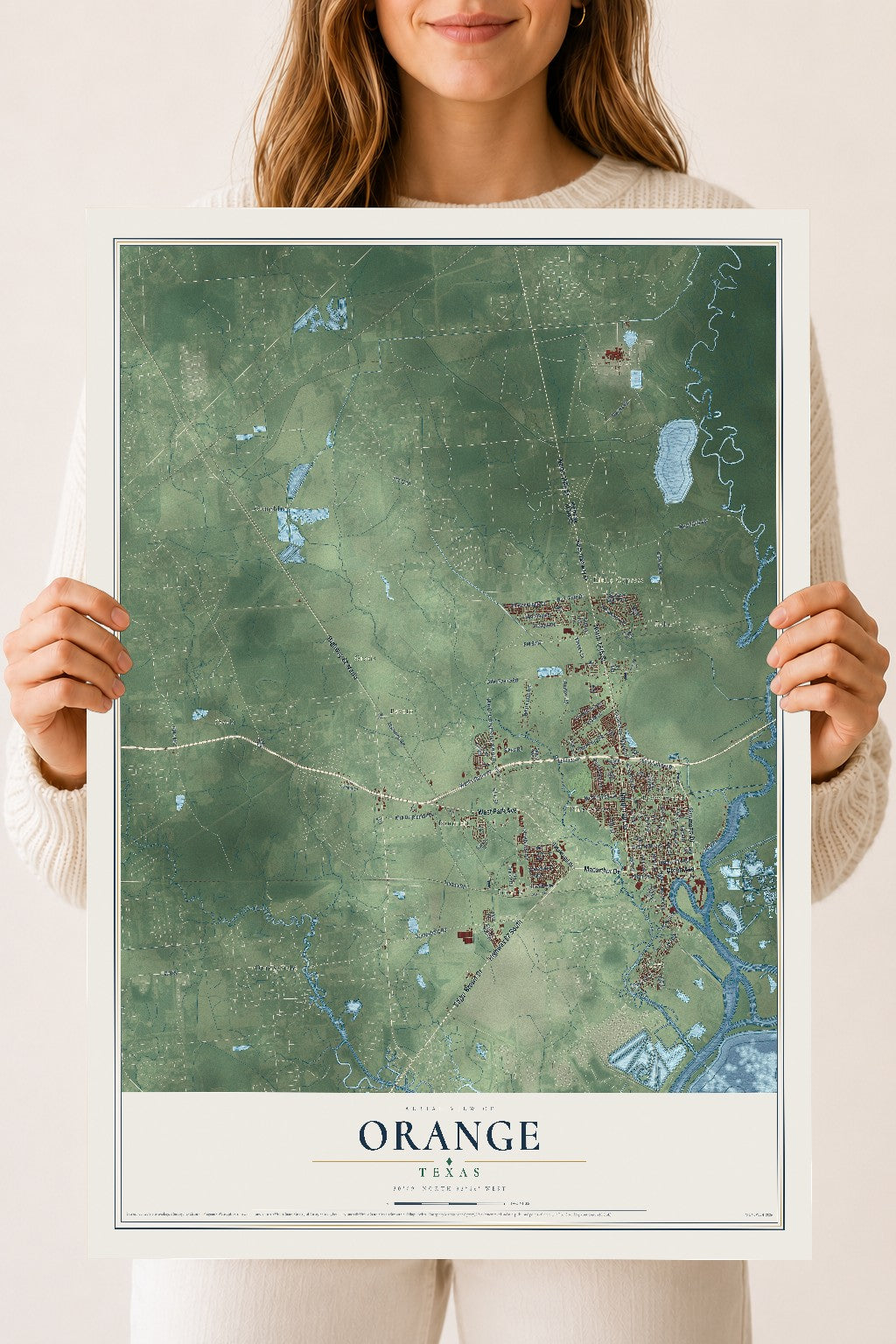 Map of Orange, Texas, 18 x 24 inch unframed archival matte print
