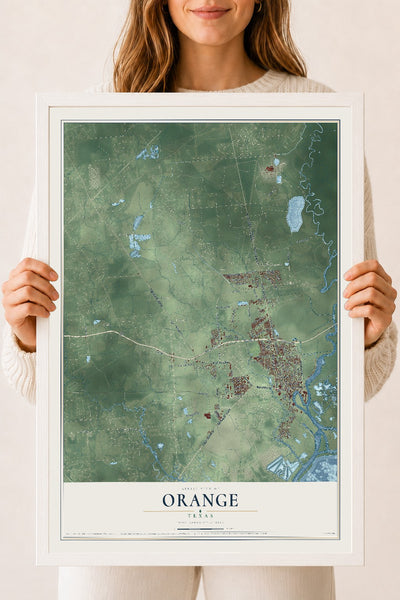 Map of Orange, Texas, 18 x 24 inch print in a white wood frame