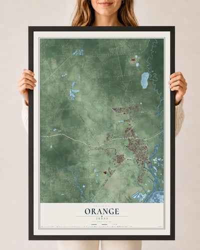 Map of Orange, Texas, 24 x 36 inch print in a black wood frame