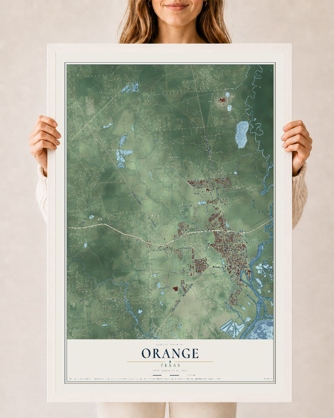 Map of Orange, Texas, 24 x 36 inch print in a white wood frame