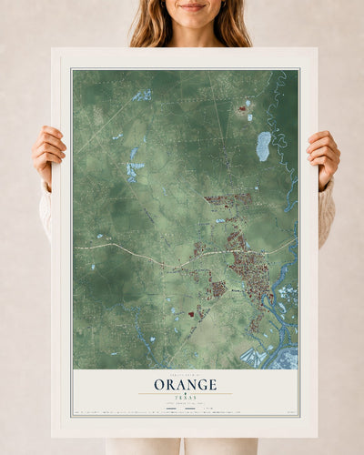 Map of Orange, Texas, 24 x 36 inch print in a white wood frame