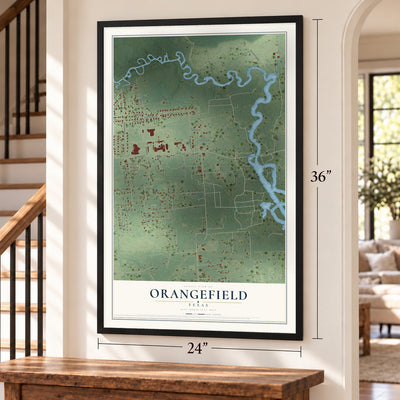 Orangefield, Texas map, 24 x 36 inch print in a black frame by a staircase