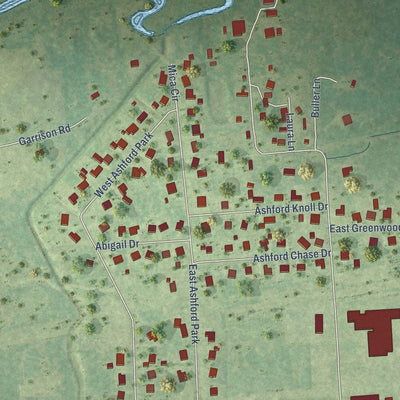 Close-up of the map of Orangefield, Texas print showing street and building detail