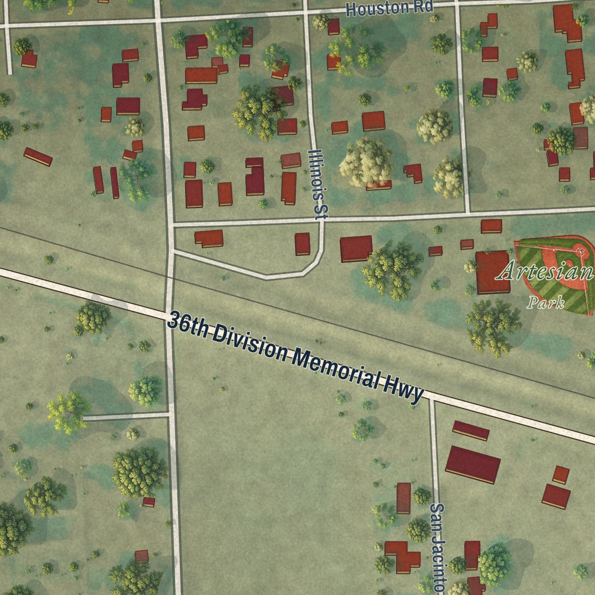 Close-up of the map of Orchard, Texas print showing street and building detail