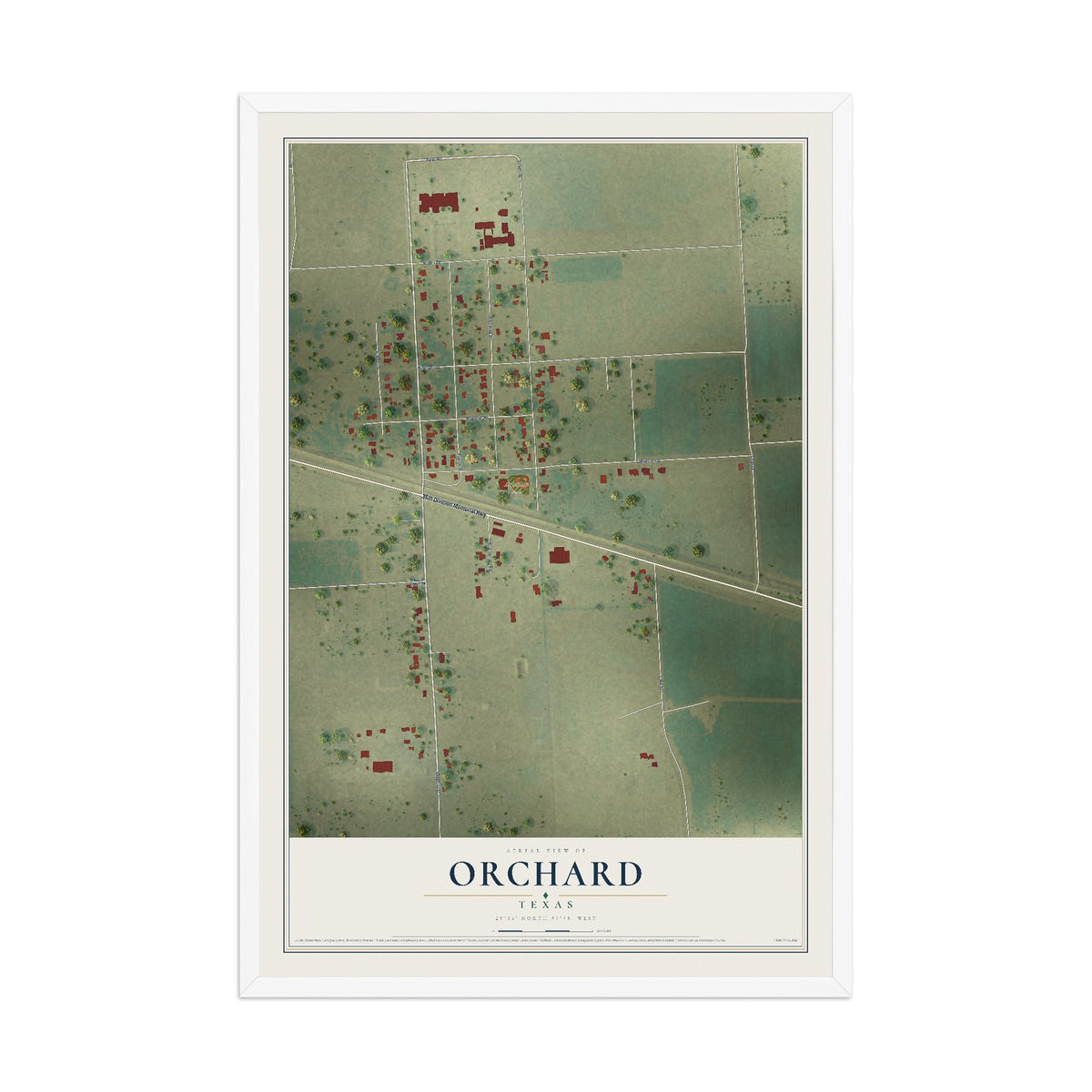 Map of Orchard, Texas, 12 x 18 inch print in a white wood frame