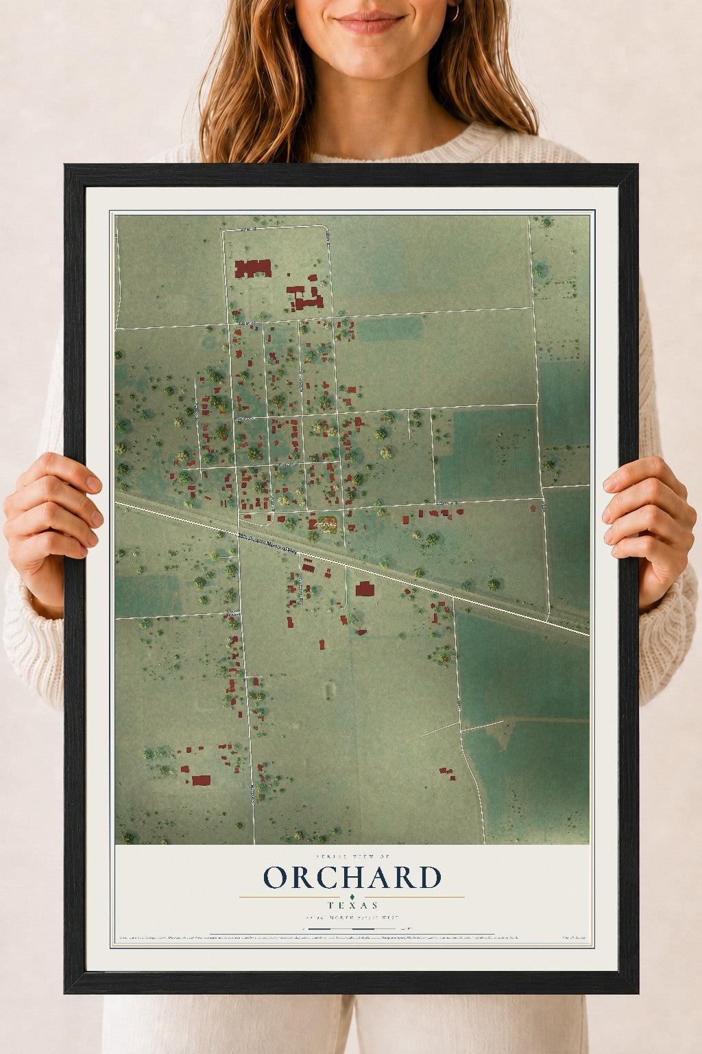 Map of Orchard, Texas, 18 x 24 inch print in a black wood frame