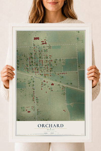 Map of Orchard, Texas, 18 x 24 inch print in a white wood frame