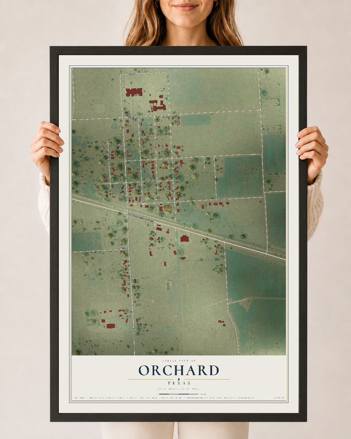 Map of Orchard, Texas, 24 x 36 inch print in a black wood frame