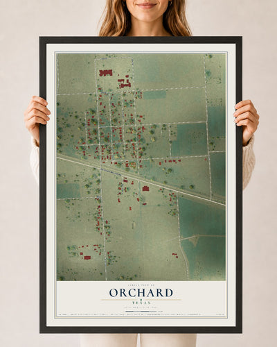 Map of Orchard, Texas, 24 x 36 inch print in a black wood frame