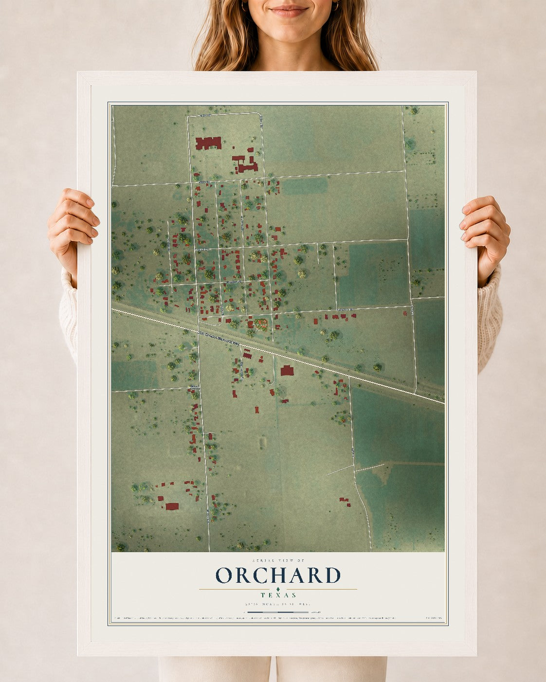 Map of Orchard, Texas, 24 x 36 inch print in a white wood frame