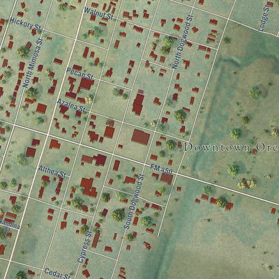 Close-up of the map of Ore City, Texas print showing street and building detail