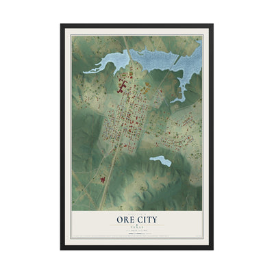 Map of Ore City, Texas, 12 x 18 inch print in a black wood frame