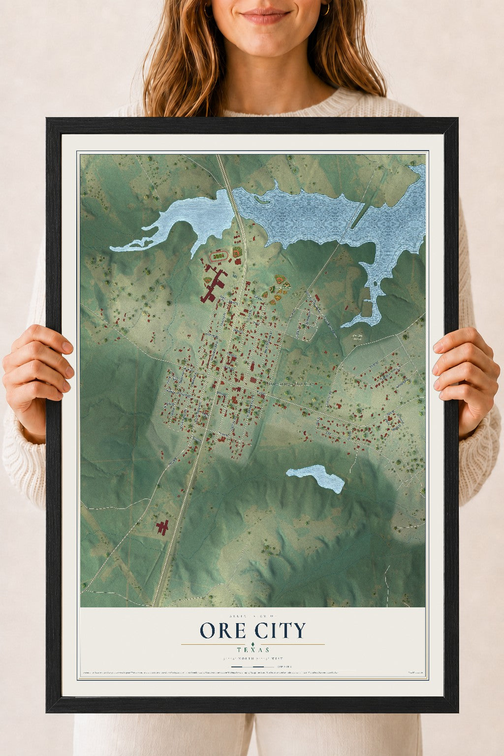Map of Ore City, Texas, 18 x 24 inch print in a black wood frame