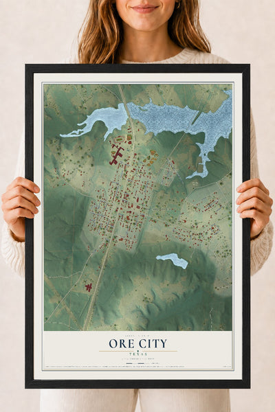 Map of Ore City, Texas, 18 x 24 inch print in a black wood frame