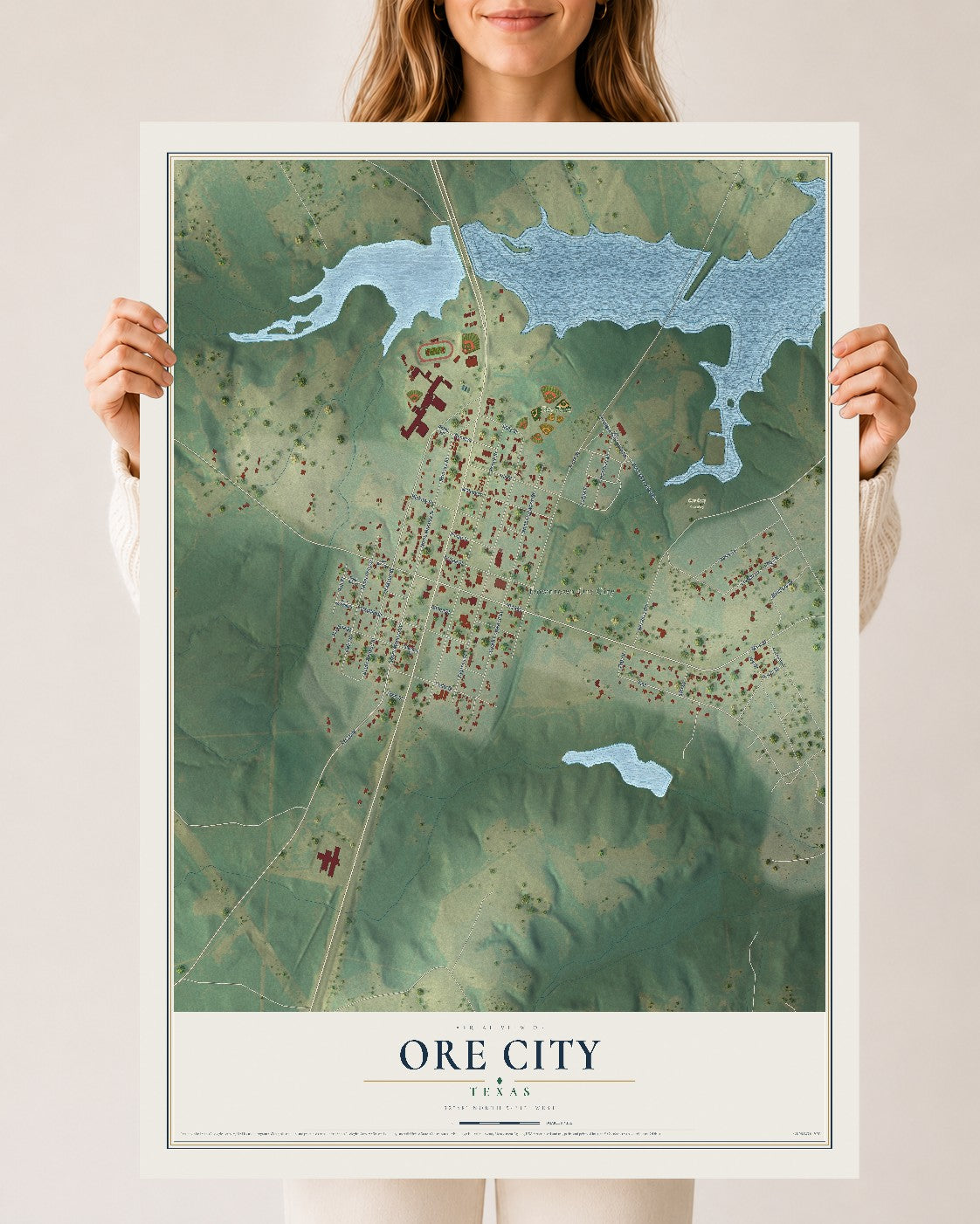 Map of Ore City, Texas, 24 x 36 inch unframed archival matte print