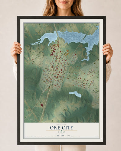 Map of Ore City, Texas, 24 x 36 inch print in a black wood frame