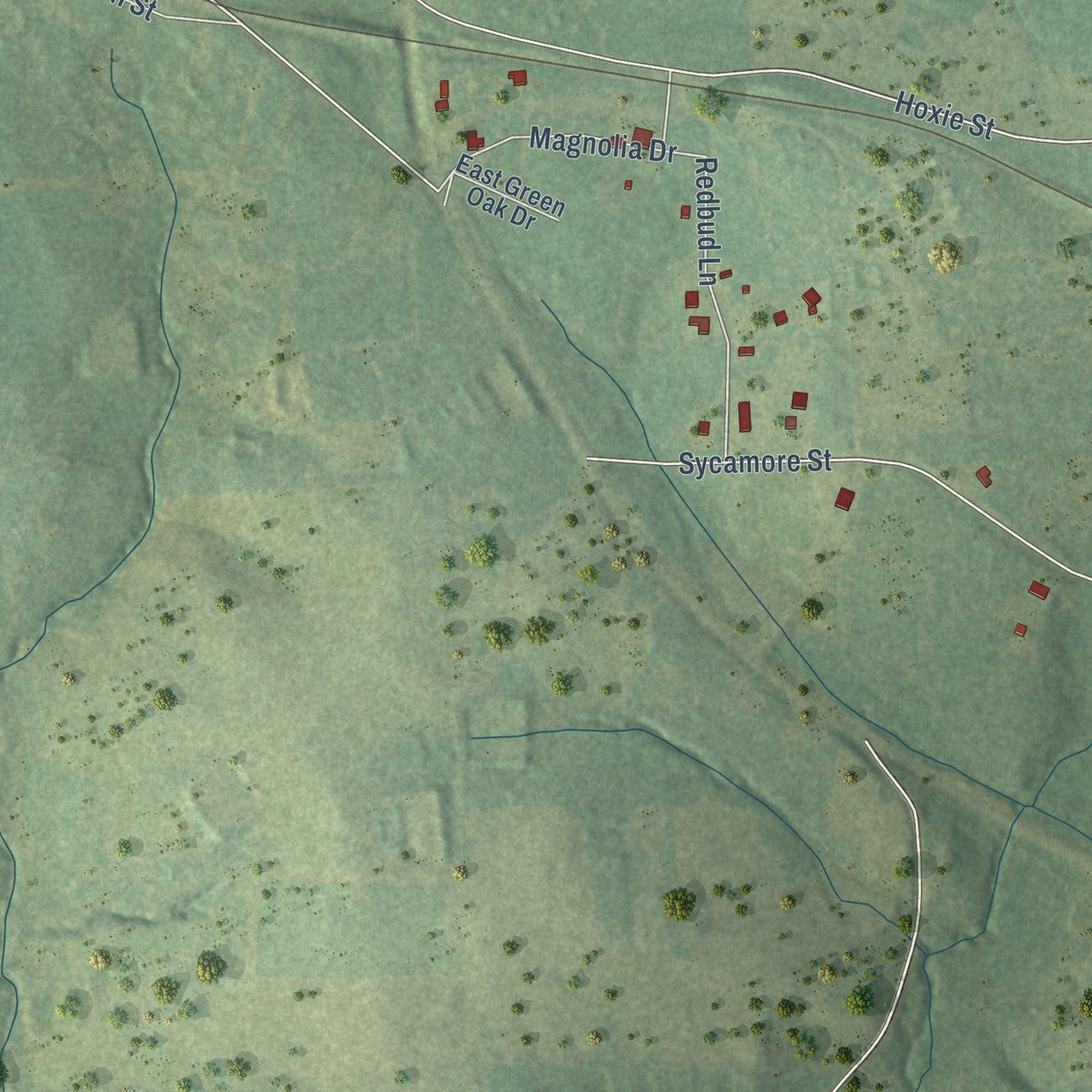 Second close-up of the map of Overton, Texas print showing more streets and buildings