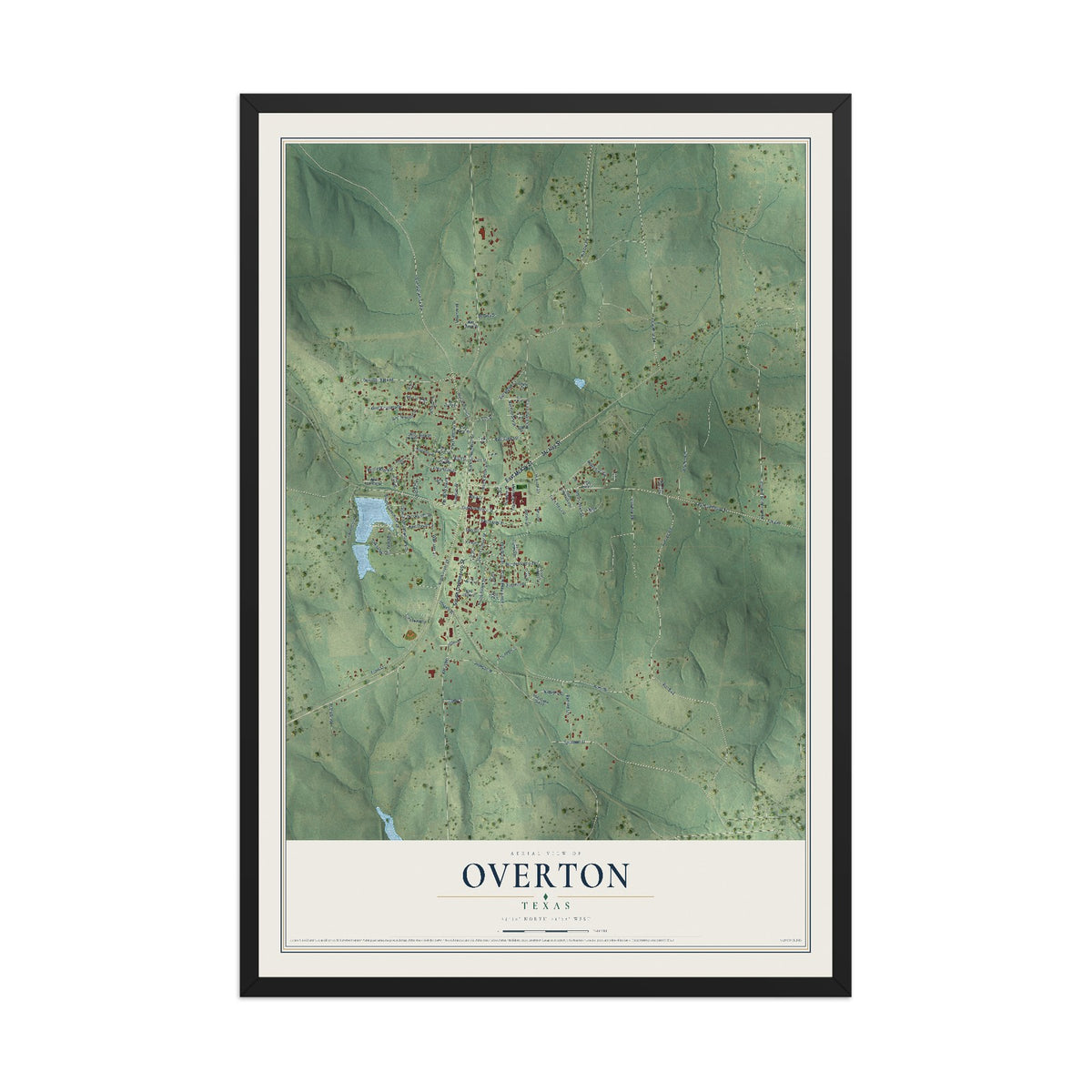 Map of Overton, Texas, 12 x 18 inch print in a black wood frame