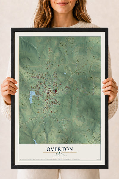 Map of Overton, Texas, 18 x 24 inch print in a black wood frame