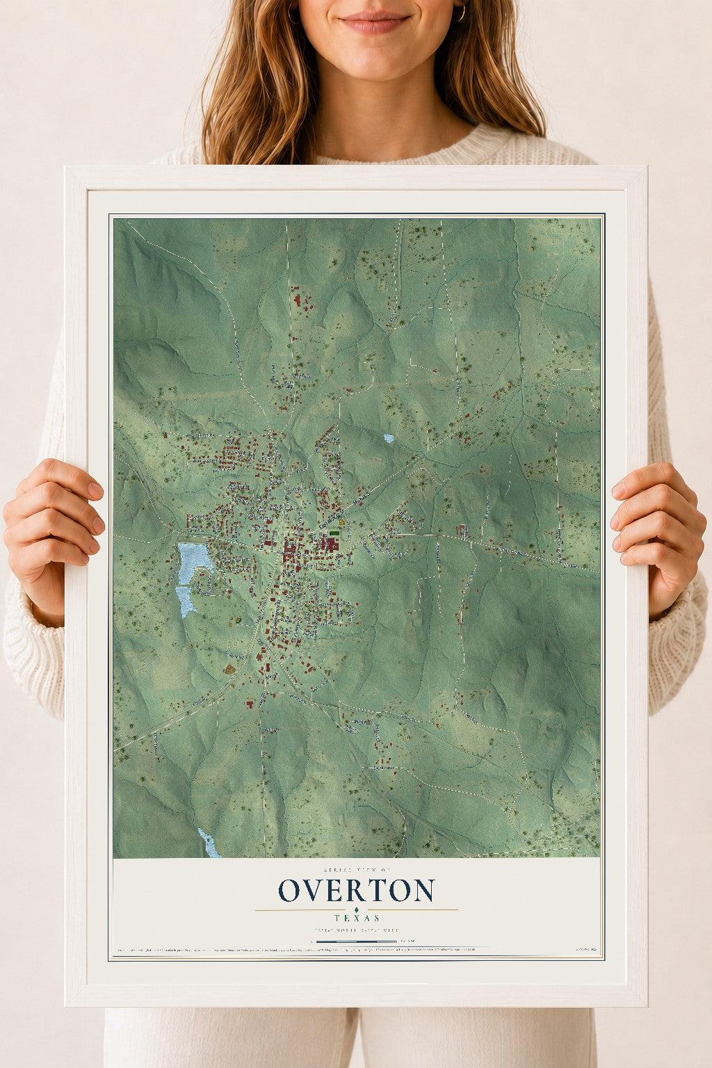 Map of Overton, Texas, 18 x 24 inch print in a white wood frame