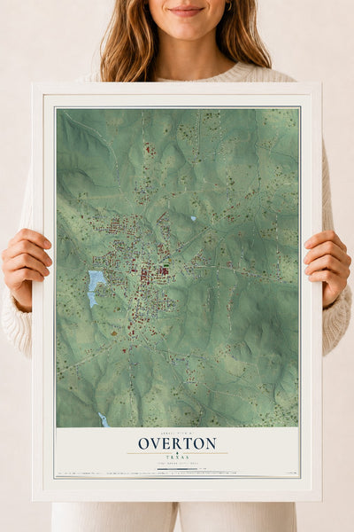 Map of Overton, Texas, 18 x 24 inch print in a white wood frame