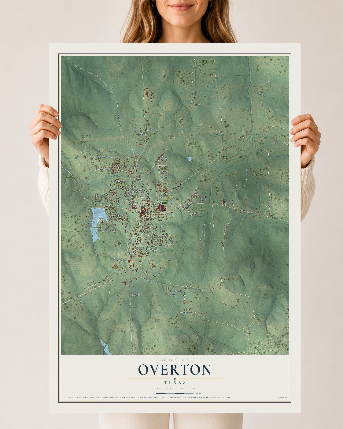 Map of Overton, Texas, 24 x 36 inch unframed archival matte print