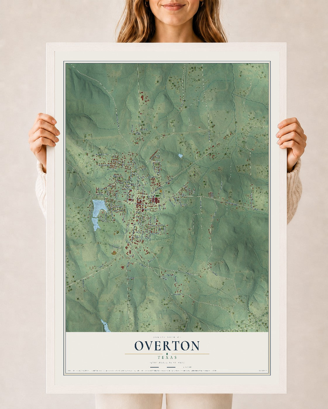 Map of Overton, Texas, 24 x 36 inch print in a white wood frame