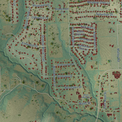 Close-up of the map of Ovilla, Texas print showing street and building detail