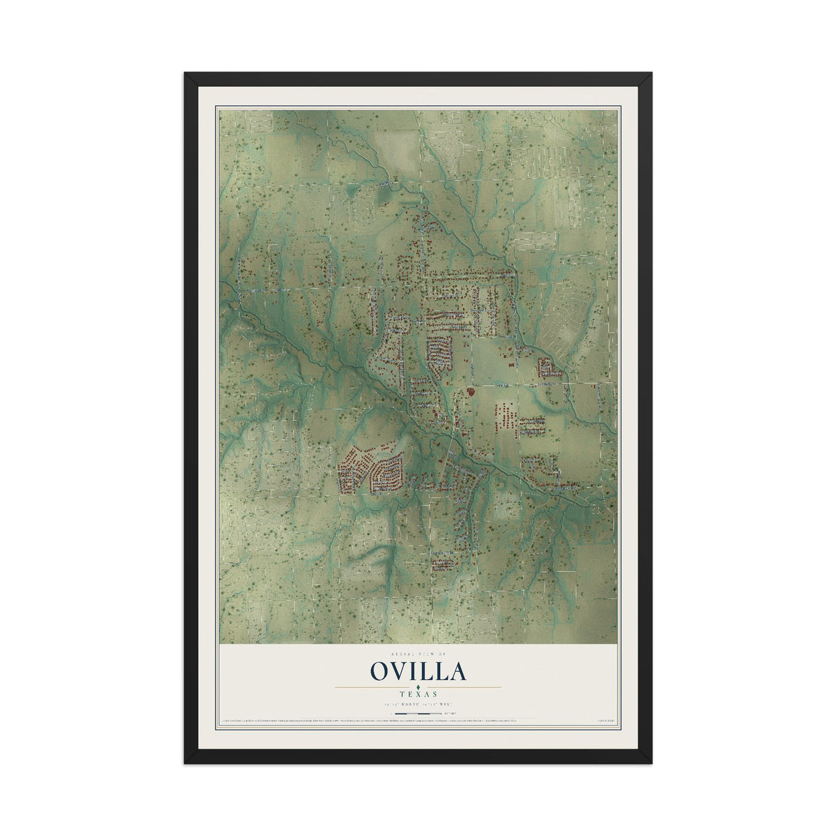 Map of Ovilla, Texas, 12 x 18 inch print in a black wood frame
