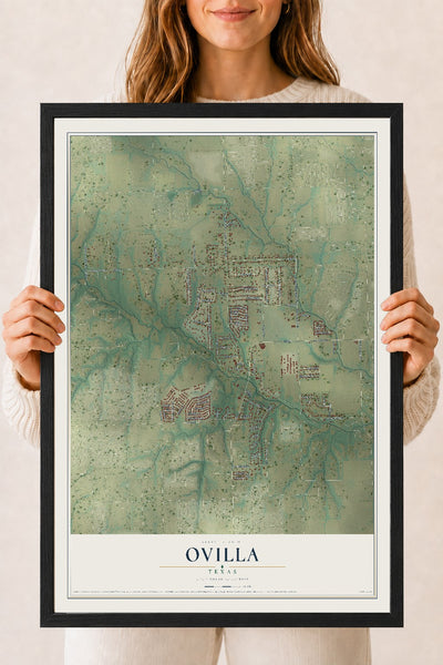 Map of Ovilla, Texas, 18 x 24 inch print in a black wood frame