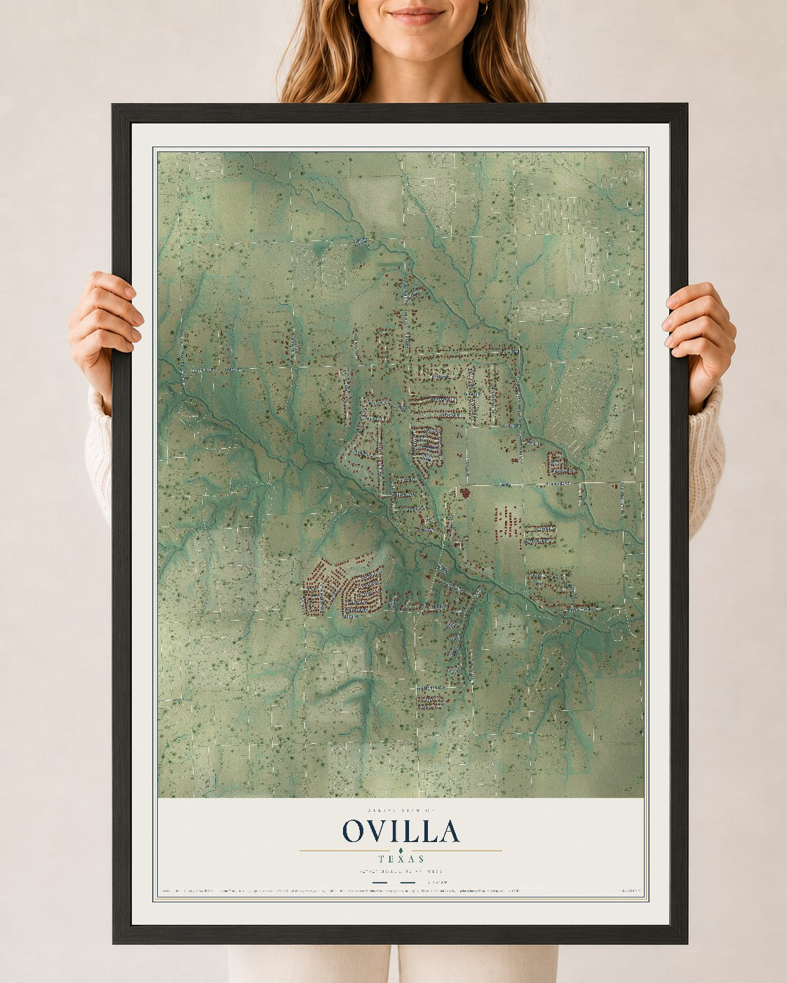 Map of Ovilla, Texas, 24 x 36 inch print in a black wood frame