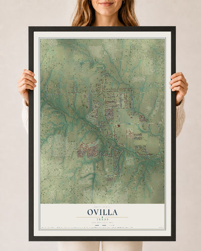 Map of Ovilla, Texas, 24 x 36 inch print in a black wood frame