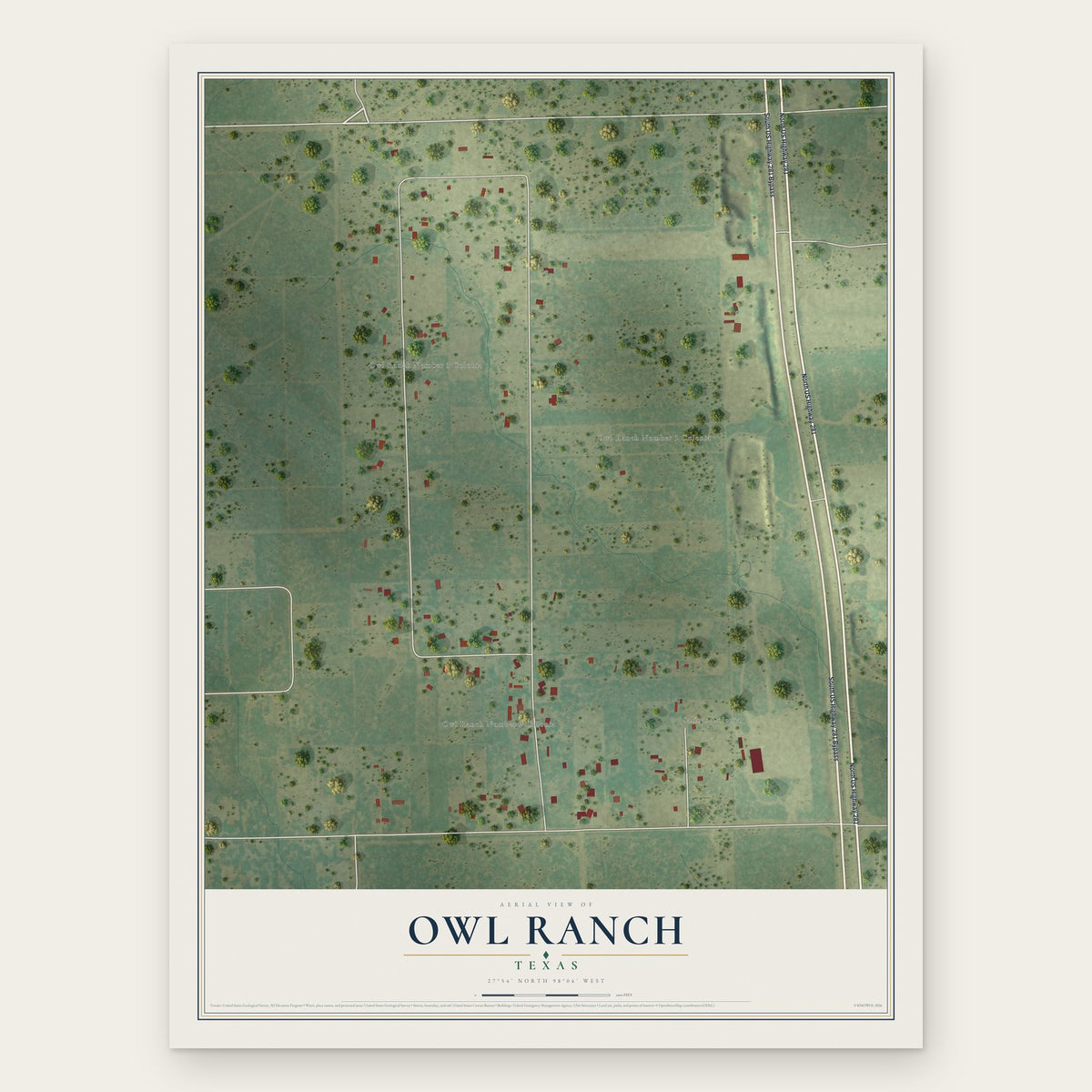 Owl Ranch, Texas map print, the full design