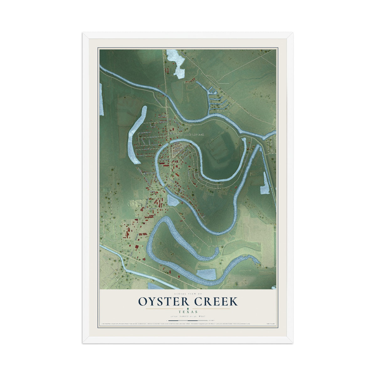 Map of Oyster Creek, Texas, 12 x 18 inch print in a white wood frame