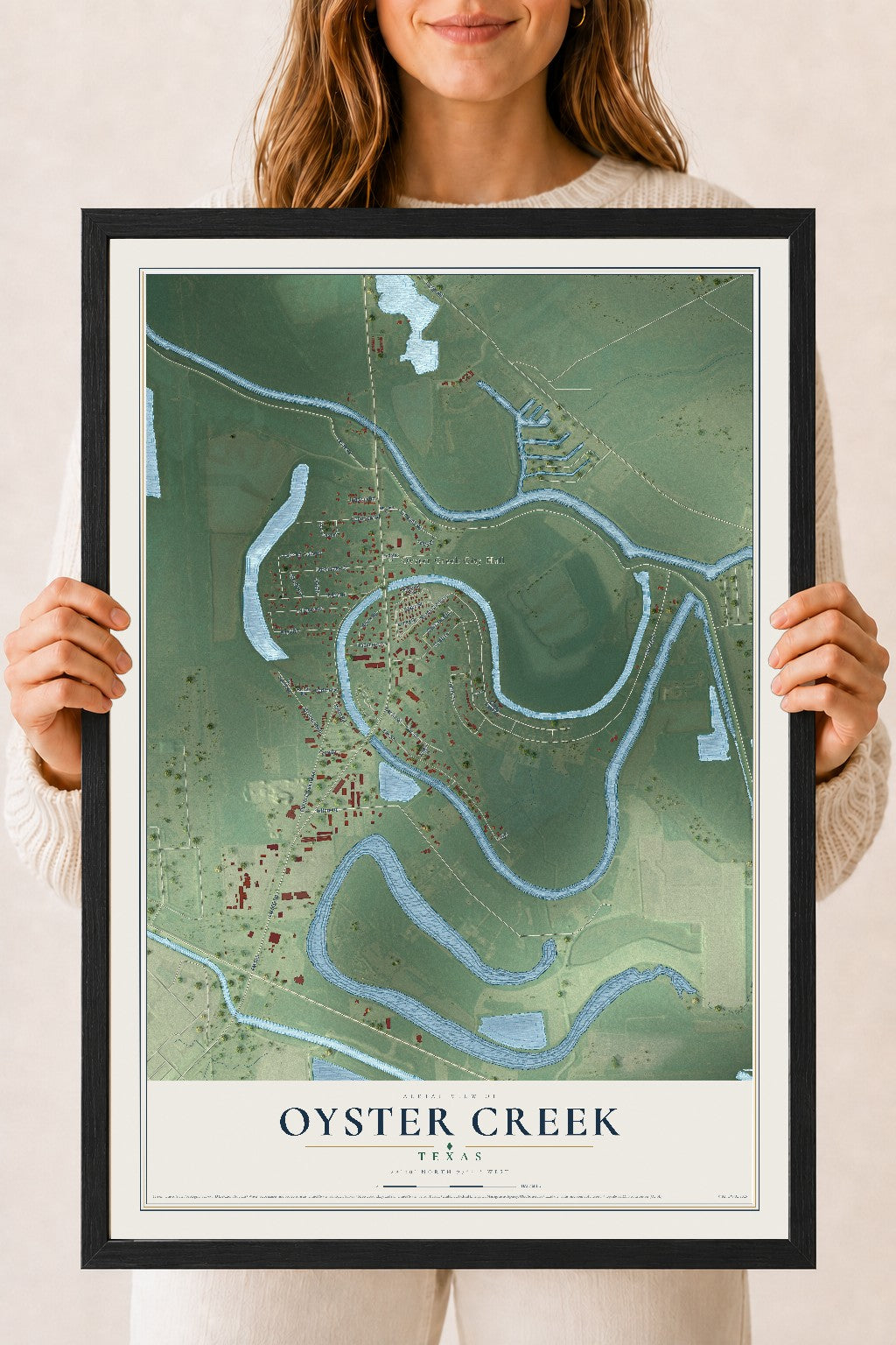 Map of Oyster Creek, Texas, 18 x 24 inch print in a black wood frame