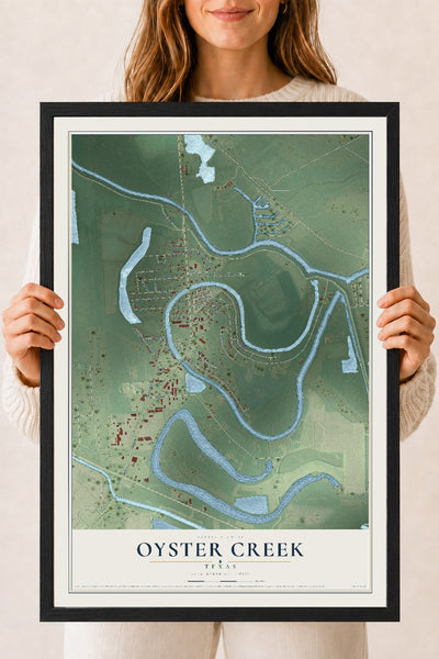 Map of Oyster Creek, Texas, 18 x 24 inch print in a black wood frame