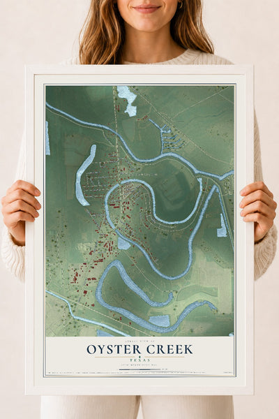 Map of Oyster Creek, Texas, 18 x 24 inch print in a white wood frame