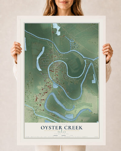 Map of Oyster Creek, Texas, 24 x 36 inch print in a white wood frame