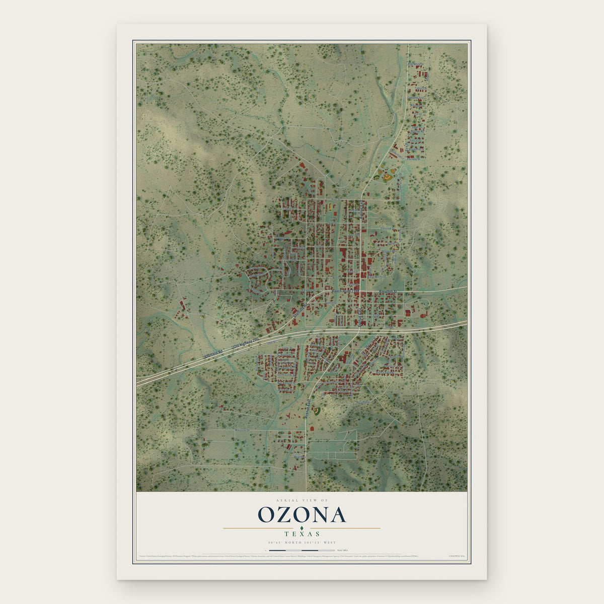 Ozona, Texas map print, the full design