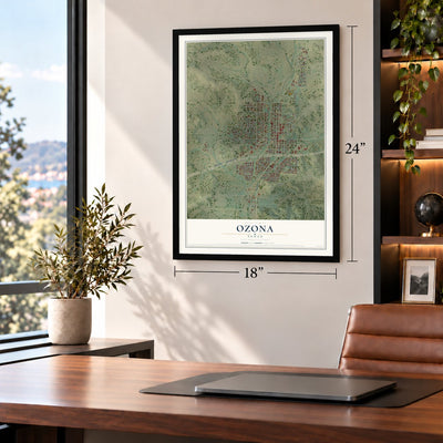 Ozona, Texas map, 18 x 24 inch print in a black frame in a home office