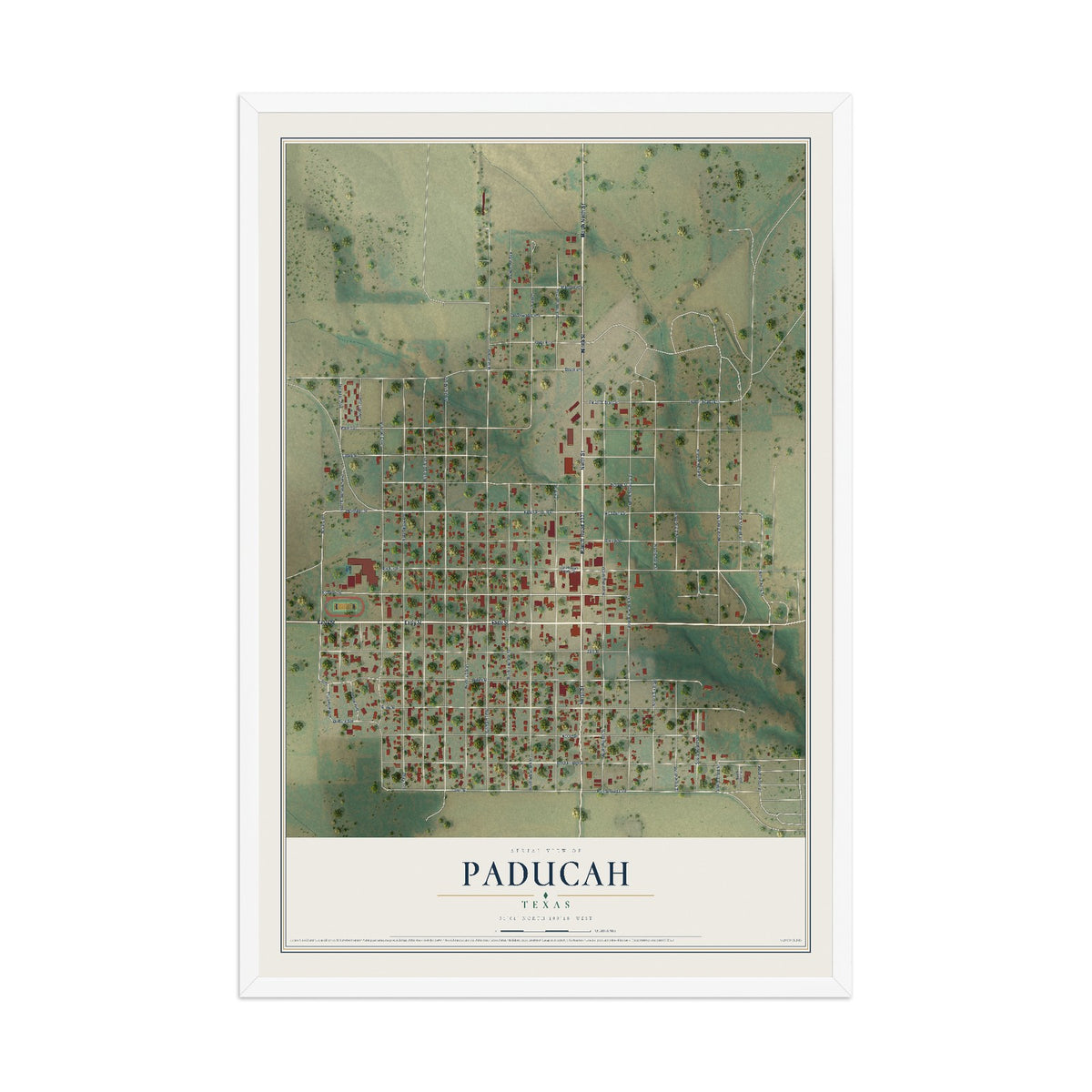 Map of Paducah, Texas, 12 x 18 inch print in a white wood frame